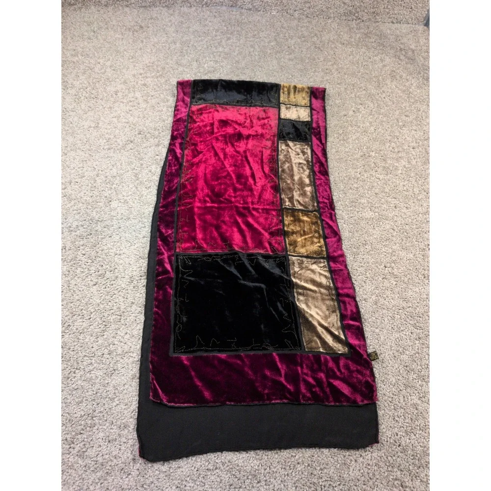 Jewel Tone Velvet Patchwork Scarf Burgundy Gold‎ Black Silk Blend Wrap 60x12